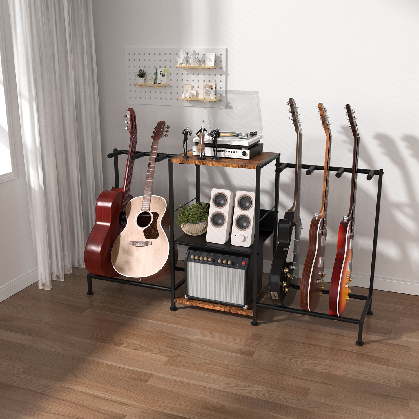 LAZELK Guitar Stand for Acoustic Multiple Guitars Holder with 3-tier Storage Shelf, Guitars Display Rack with Soft-Padded Protect Multi Guitar Stand for Home Studio Music Room