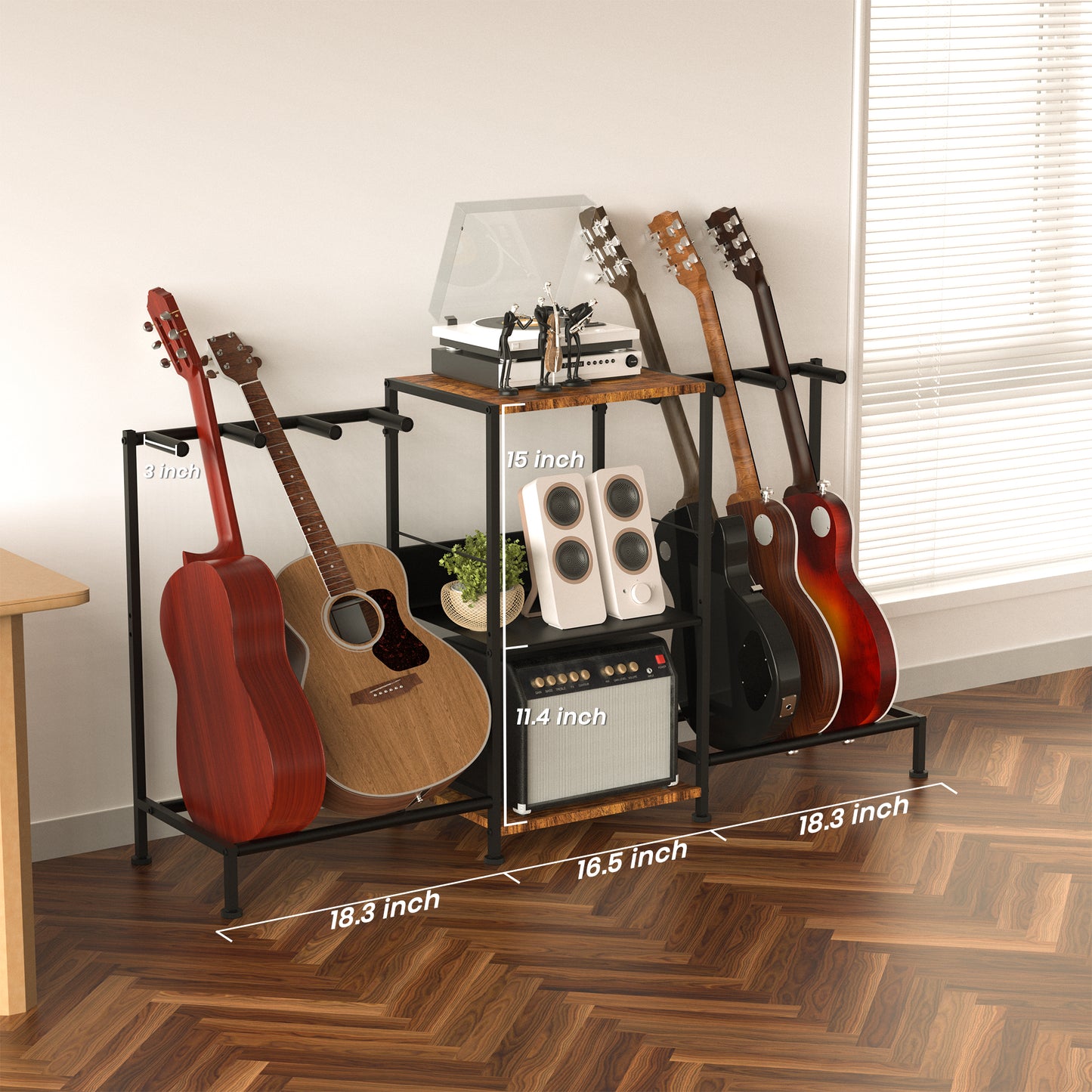 LAZELK Guitar Stand for Acoustic Multiple Guitars Holder with 3-tier Storage Shelf, Guitars Display Rack with Soft-Padded Protect Multi Guitar Stand for Home Studio Music Room
