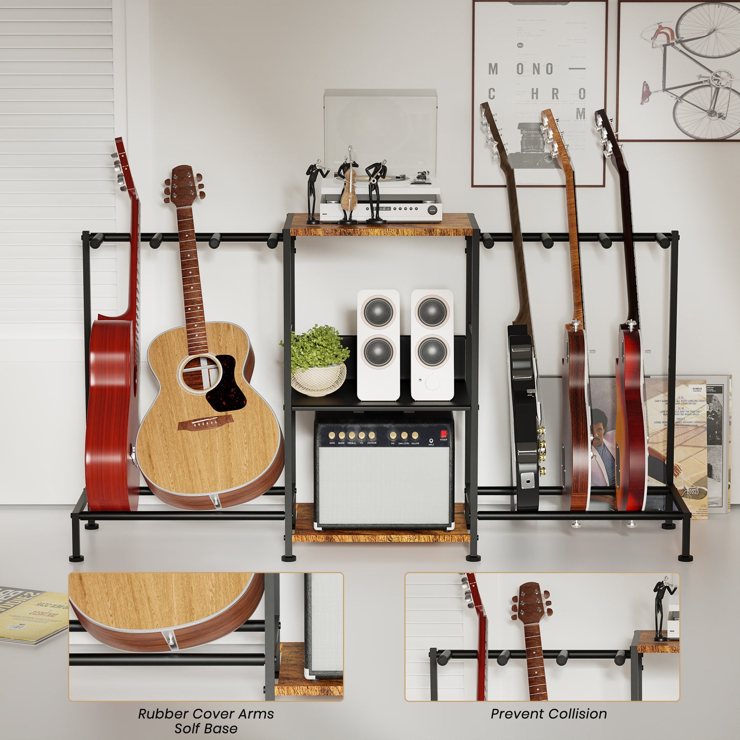 LAZELK Guitar Stand for Acoustic Multiple Guitars Holder with 3-tier Storage Shelf, Guitars Display Rack with Soft-Padded Protect Multi Guitar Stand for Home Studio Music Room