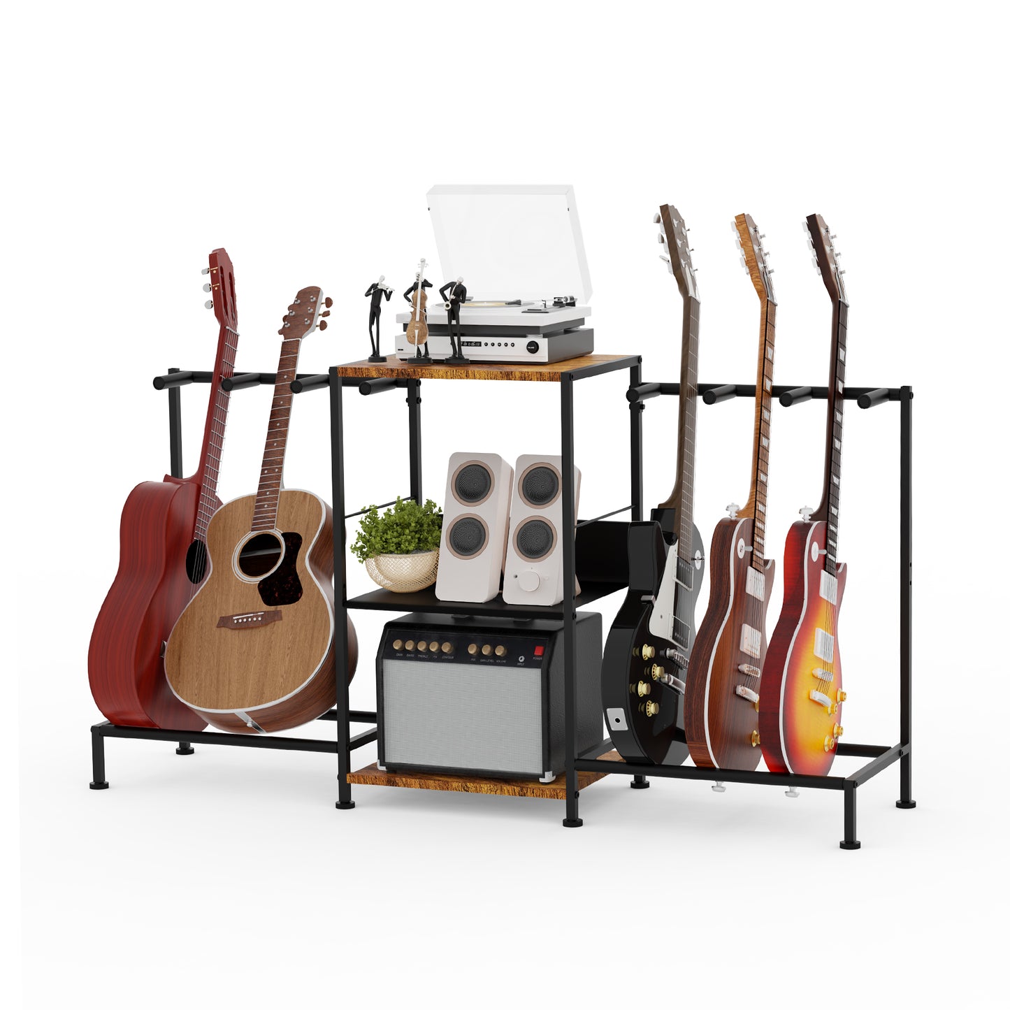LAZELK Guitar Stand for Acoustic Multiple Guitars Holder with 3-tier Storage Shelf, Guitars Display Rack with Soft-Padded Protect Multi Guitar Stand for Home Studio Music Room
