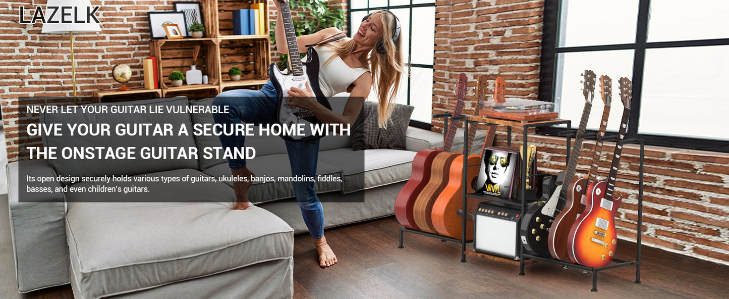 LAZELK Guitar Stand for Acoustic Multiple Guitars Holder with 3-tier Storage Shelf, Guitars Display Rack with Soft-Padded Protect Multi Guitar Stand for Home Studio Music Room