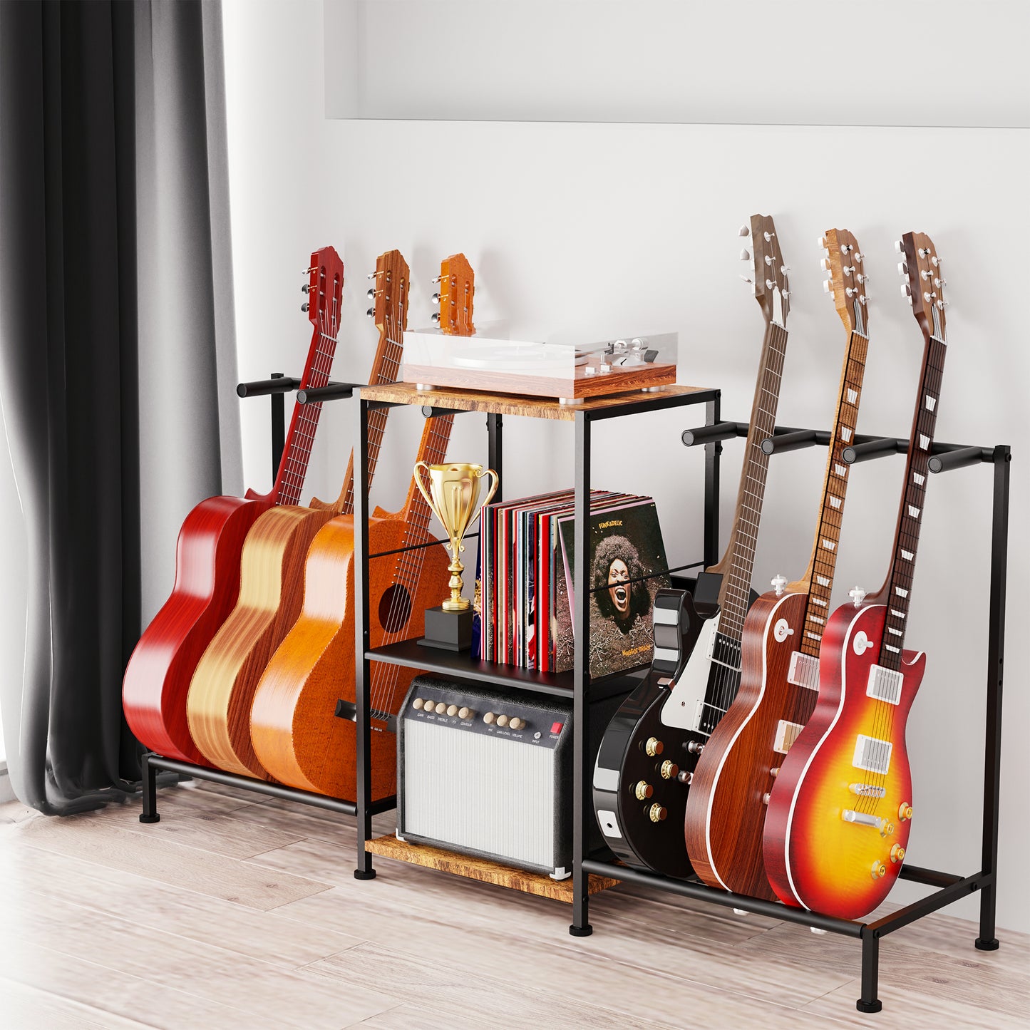 LAZELK Guitar Stand for Acoustic Multiple Guitars Holder with 3-tier Storage Shelf, Guitars Display Rack with Soft-Padded Protect Multi Guitar Stand for Home Studio Music Room