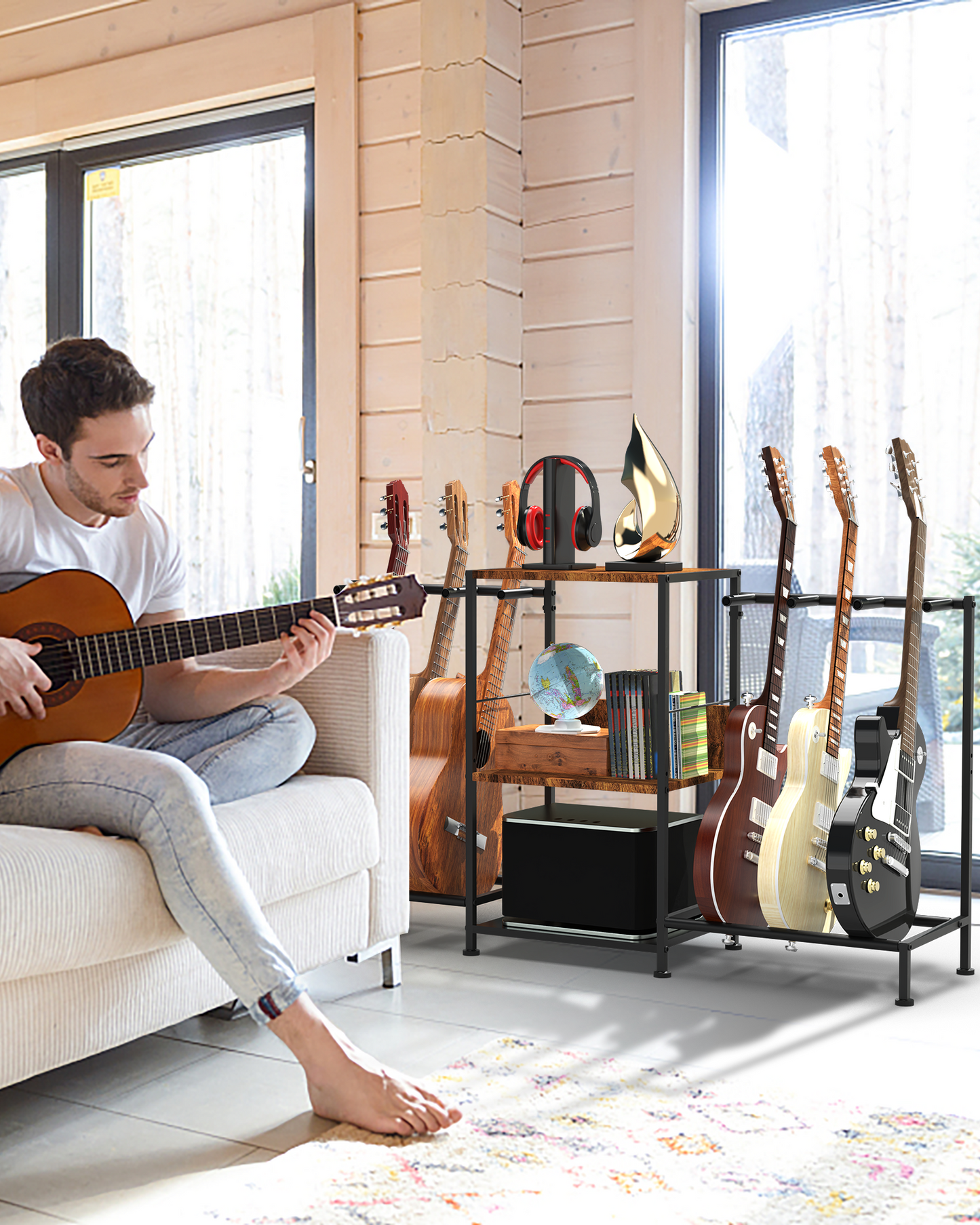 LAZELK Guitar Stand for Acoustic Multiple Guitars Holder with 3-tier Storage Shelf, Guitars Display Rack with Soft-Padded Protect Multi Guitar Stand for Home Studio Music Room